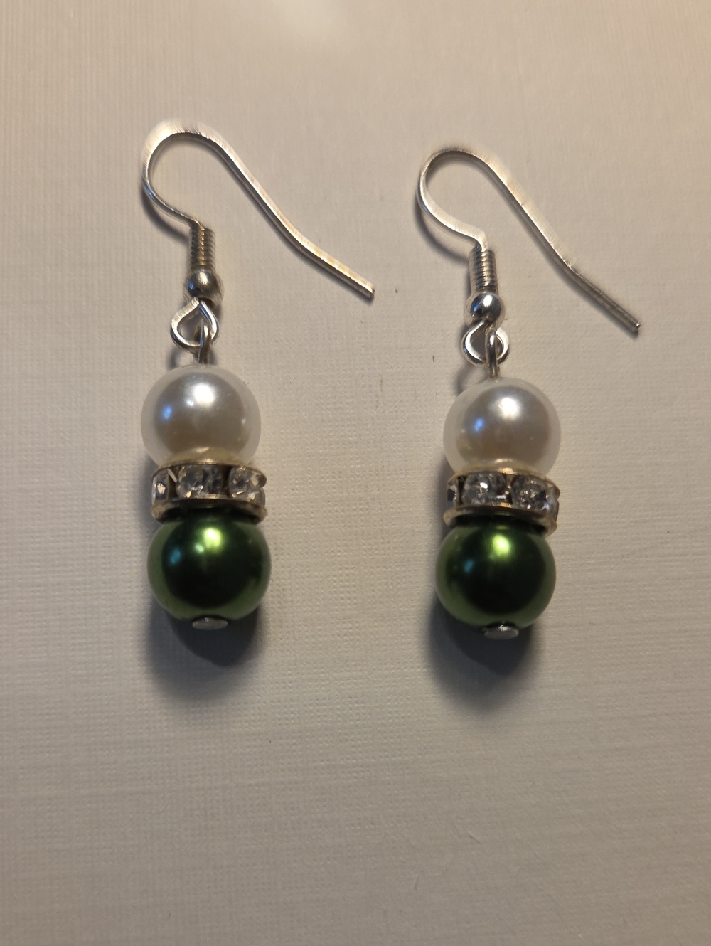 Faux Pearl and Green Bead Dangle Earrings